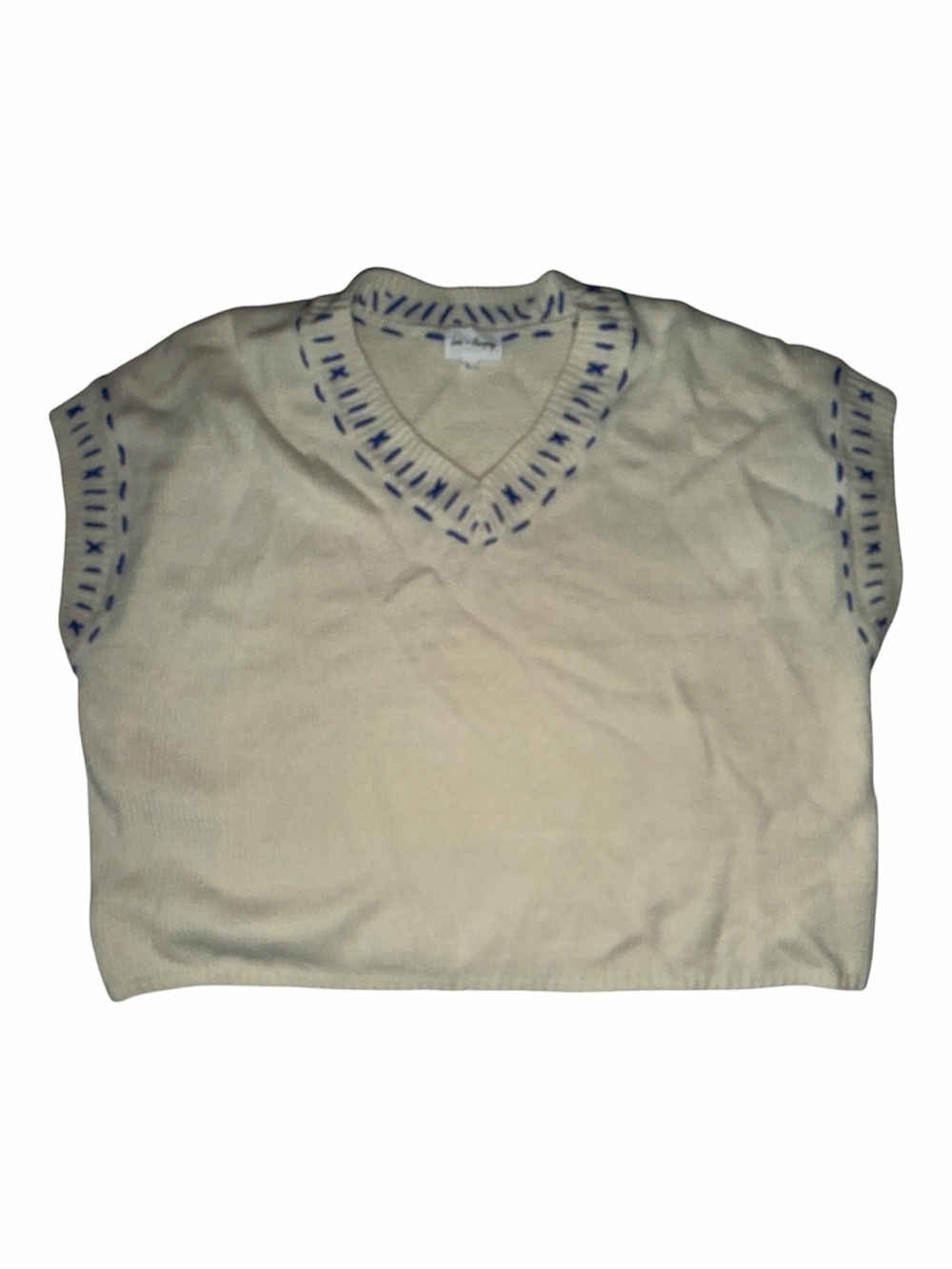 Love + Harmony Size  Large Ivory Knit Sweater Vest with Blue Whipstitch Trim